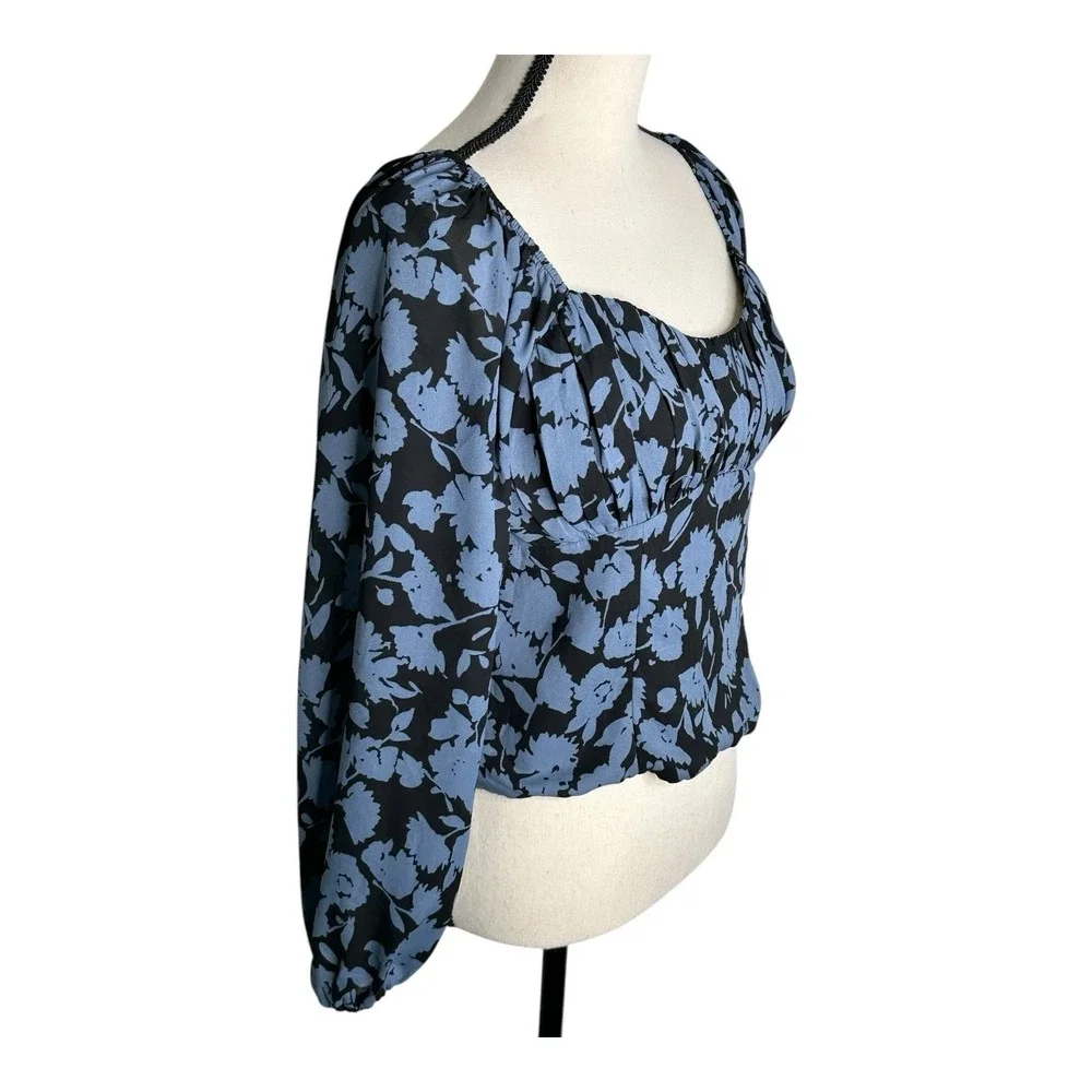 Abercrombie & Fitch Women's Large Long Sleeve Black/Blue‎  Puff Sleeve Top Sheer